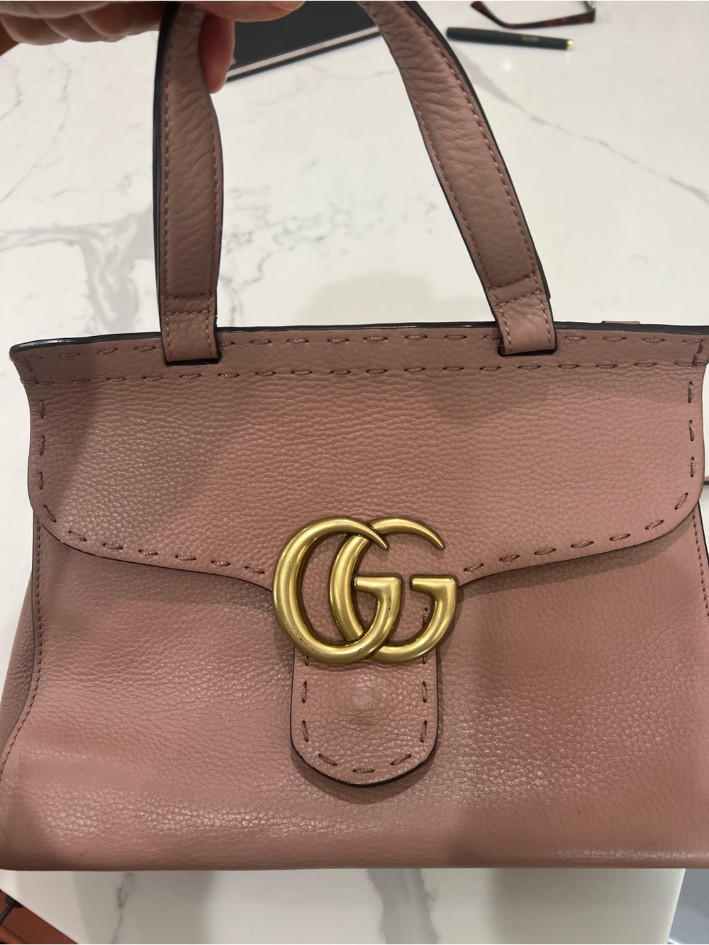 Rose Pink Leather Top-Handle Satchel with Gold Hardware